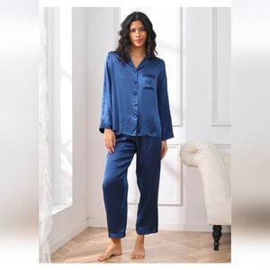 SilkSilky Women's Pajama Set -Dark Blue New Sz L 100% Mulberry Silk Silk Silky